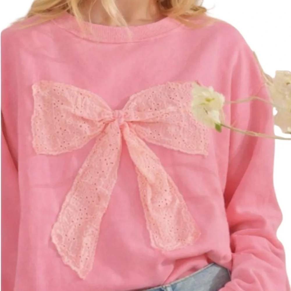 Sage + Fig Soft Tie-Dye Wash Eyelet Bow Cotton Oversized Boho Pink Sweatshirt - Picture 3 of 3